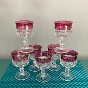 Cranberry Red Wine Cordial Glasses 4 3/8" H Set of 7 Vintage Tiffin-Franciscan